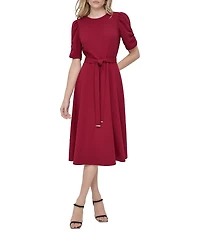 DKNY by Donna Karan Stretch Crew Neck Short Ruched Sleeve Fit and Flare Midi Dress