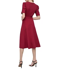DKNY by Donna Karan Stretch Crew Neck Short Ruched Sleeve Fit and Flare Midi Dress