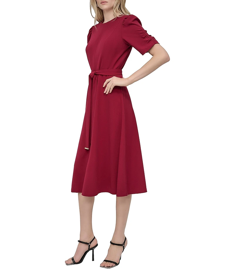 DKNY by Donna Karan Stretch Crew Neck Short Ruched Sleeve Fit and Flare Midi Dress