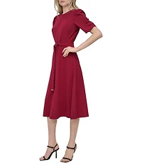 DKNY by Donna Karan Stretch Crew Neck Short Ruched Sleeve Fit and Flare Midi Dress