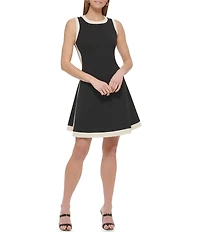 DKNY by Donna Karan Stretch Crew Neck Sleeveless Contrasting Trim Fit and Flare Dress