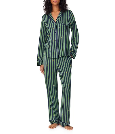 DKNY Stripe Print Long Sleeve Notch Collar Long Cozy Jersey Pajama Set