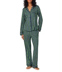 DKNY Stripe Print Long Sleeve Notch Collar Long Cozy Jersey Pajama Set