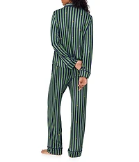 DKNY Stripe Print Long Sleeve Notch Collar Long Cozy Jersey Pajama Set