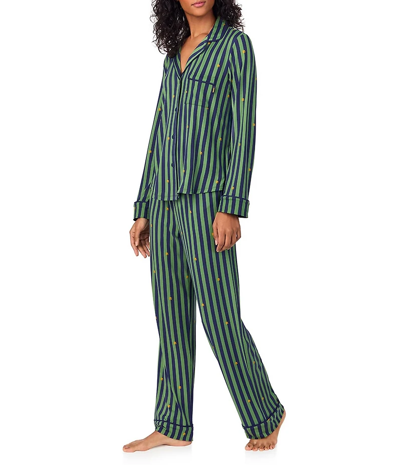 DKNY Stripe Print Long Sleeve Notch Collar Long Cozy Jersey Pajama Set