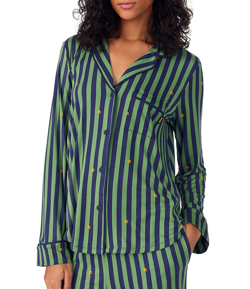 DKNY Stripe Print Long Sleeve Notch Collar Long Cozy Jersey Pajama Set