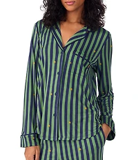 DKNY Stripe Print Long Sleeve Notch Collar Long Cozy Jersey Pajama Set