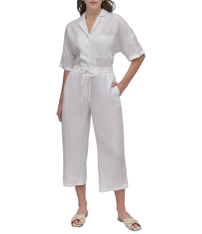 DKNY by Donna Karan Wide Leg Drawstring Woven Linen Blend Coordinating Pocketed Pants