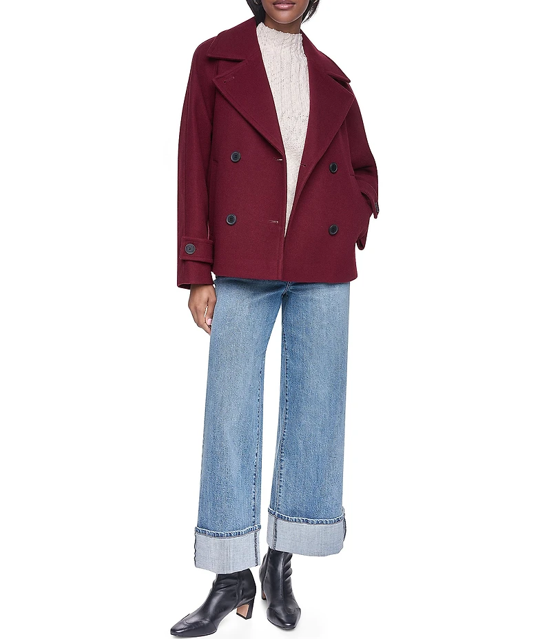 DKNY Wool Blend Notch Collar Double Breasted Peacoat