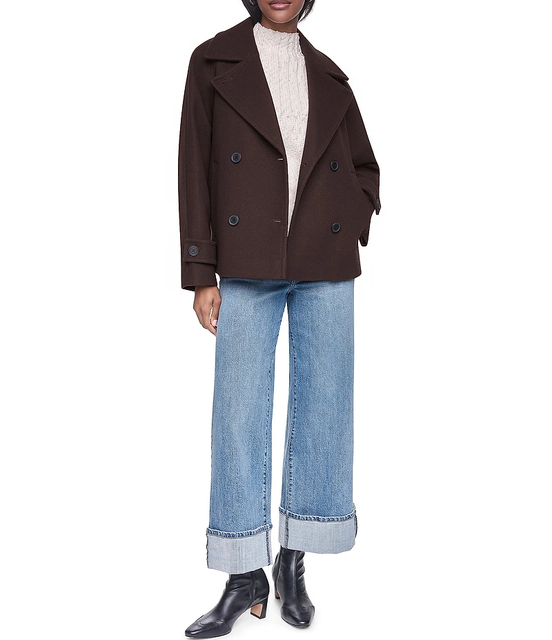 DKNY Wool Blend Notch Collar Double Breasted Peacoat