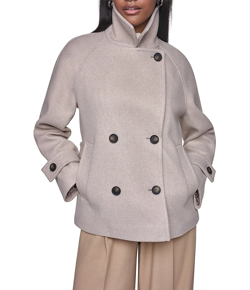 DKNY Wool Blend Notch Collar Double Breasted Peacoat