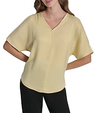 DKNY by Donna Karan Woven V-Neck Short Sleeve Blouse