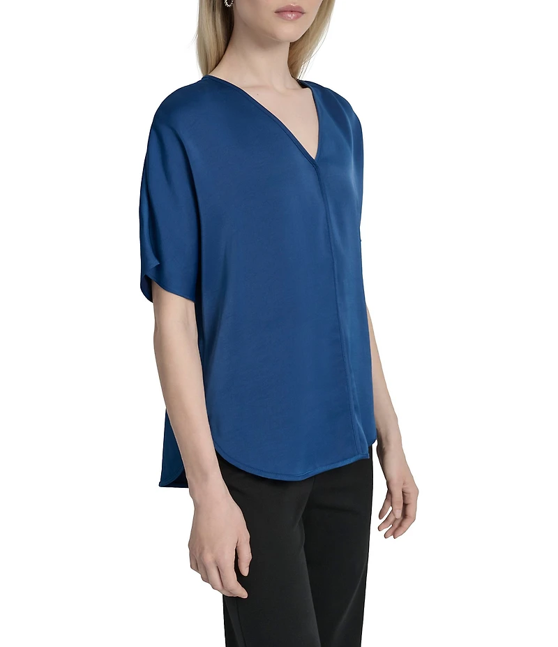 DKNY by Donna Karan Woven V-Neck Short Sleeve Blouse