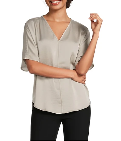 DKNY by Donna Karan Woven V-Neck Short Sleeve Blouse