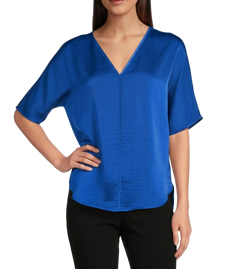 DKNY by Donna Karan Woven V-Neck Short Sleeve Blouse
