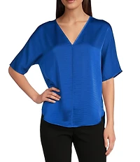 DKNY by Donna Karan Woven V-Neck Short Sleeve Blouse
