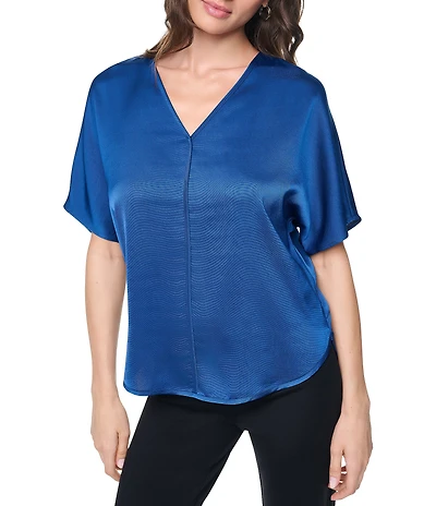 DKNY by Donna Karan Woven V-Neck Short Sleeve Blouse