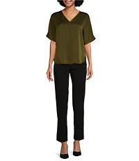 DKNY by Donna Karan Woven V-Neck Short Sleeve Blouse