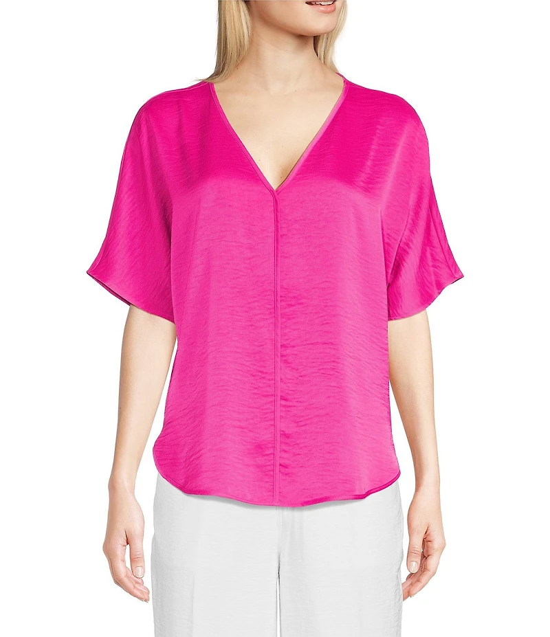 DKNY by Donna Karan Woven V-Neck Short Sleeve Blouse