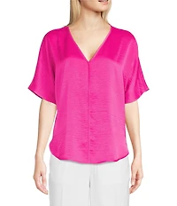 DKNY by Donna Karan Woven V-Neck Short Sleeve Blouse