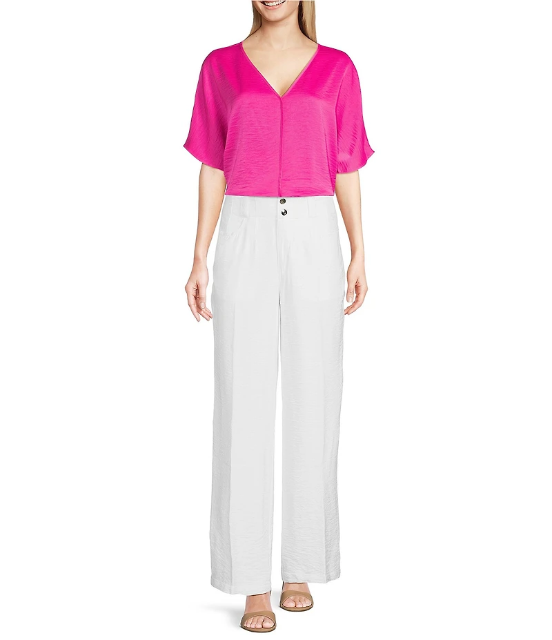DKNY by Donna Karan Woven V-Neck Short Sleeve Blouse