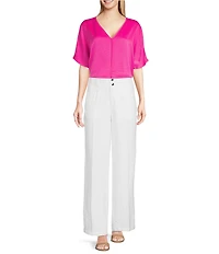DKNY by Donna Karan Woven V-Neck Short Sleeve Blouse
