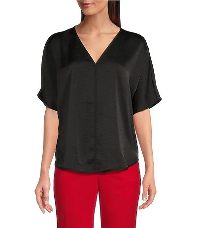 DKNY by Donna Karan Woven V-Neck Short Sleeve Blouse