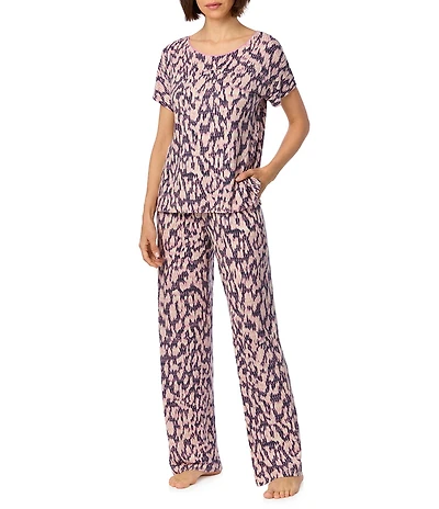 DNKY Abstract Animal Print Dolman Sleeve Boat Neck Jersey Knit Pant Pajama Set