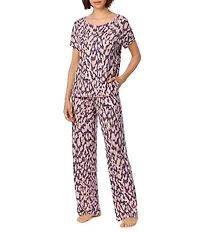 DNKY Abstract Animal Print Dolman Sleeve Boat Neck Jersey Knit Pant Pajama Set