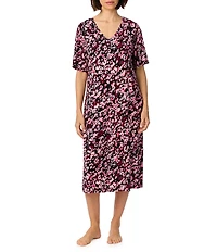 DNKY Floral Multi Print Short Sleeve V-Neck Jersey Knit Midi Sleep Shirt