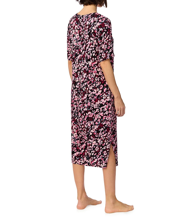 DNKY Floral Multi Print Short Sleeve V-Neck Jersey Knit Midi Sleep Shirt