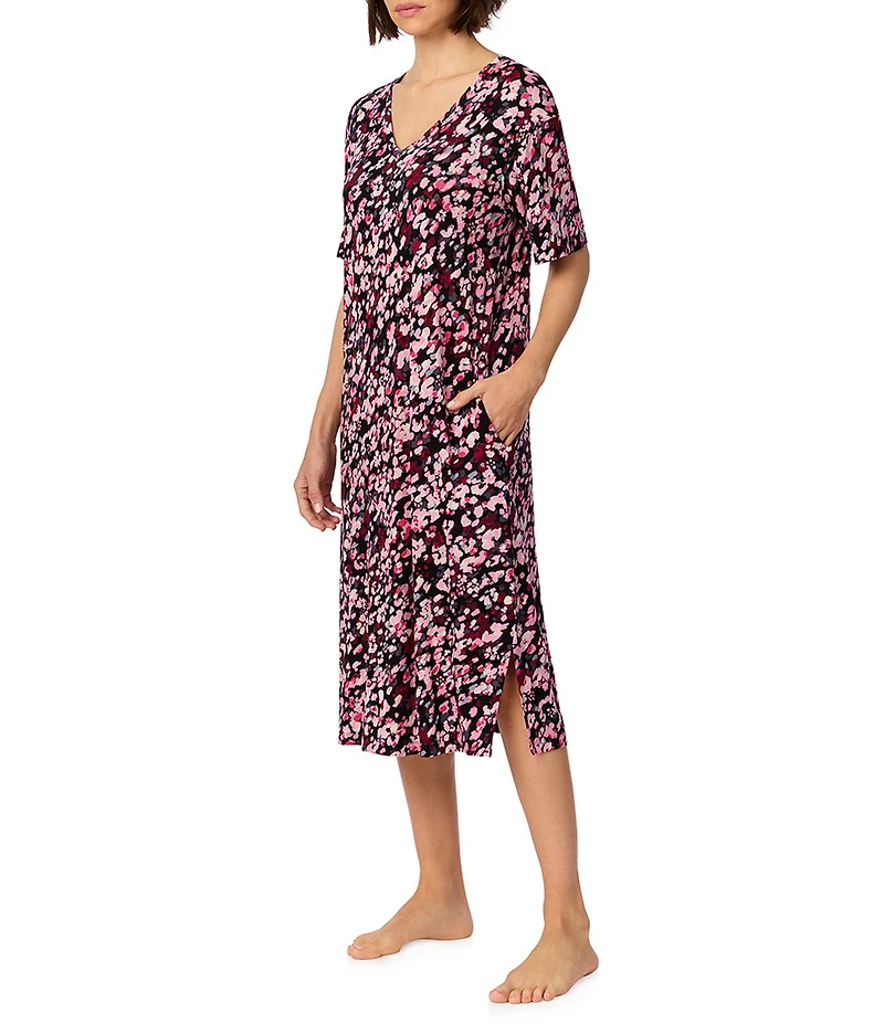 DNKY Floral Multi Print Short Sleeve V-Neck Jersey Knit Midi Sleep Shirt