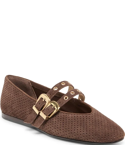 Dolce Vita Baylee Perforated Suede Grommet Hardware Double Buckle Mary Jane Ballet Flats