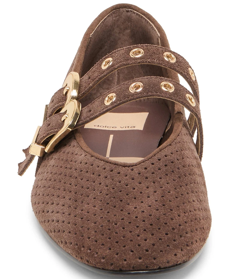 Dolce Vita Baylee Perforated Suede Grommet Hardware Double Buckle Mary Jane Ballet Flats