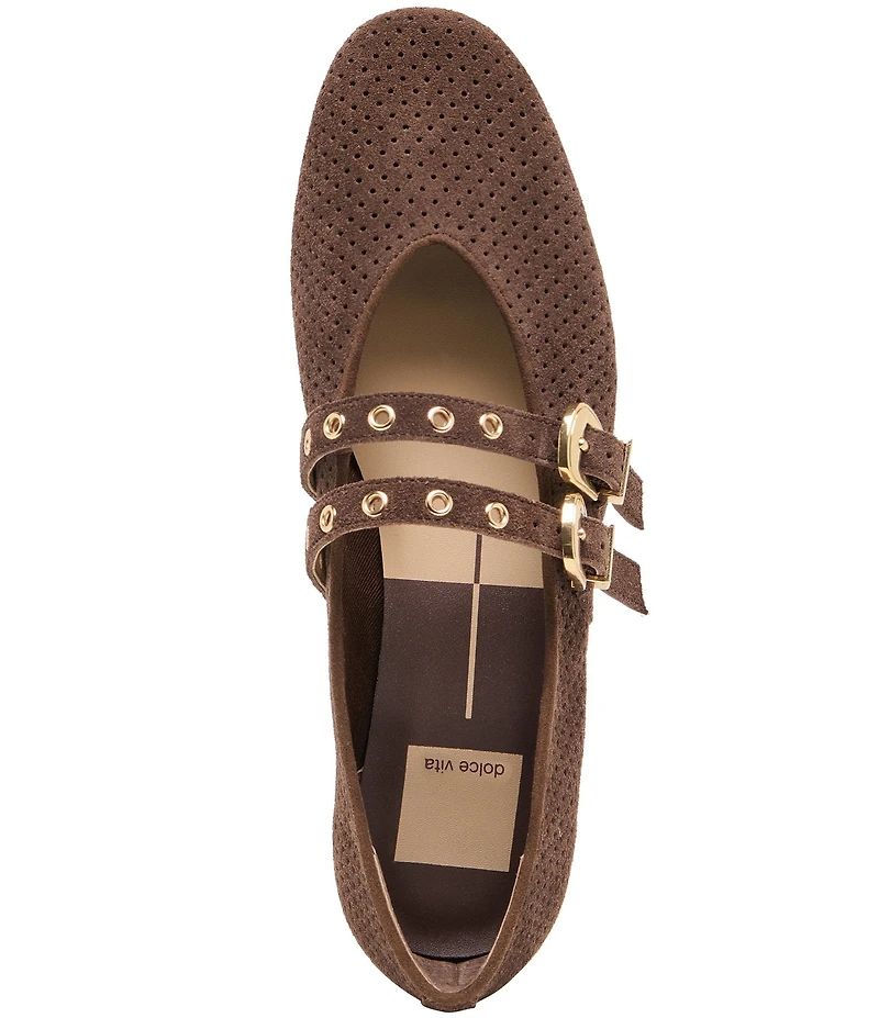Dolce Vita Baylee Perforated Suede Grommet Hardware Double Buckle Mary Jane Ballet Flats