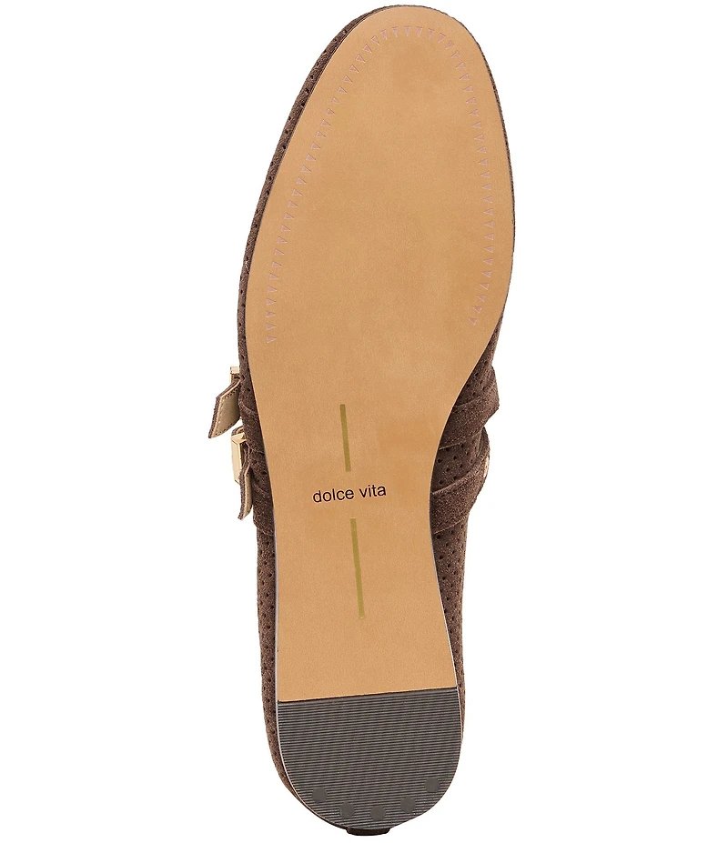 Dolce Vita Baylee Perforated Suede Grommet Hardware Double Buckle Mary Jane Ballet Flats