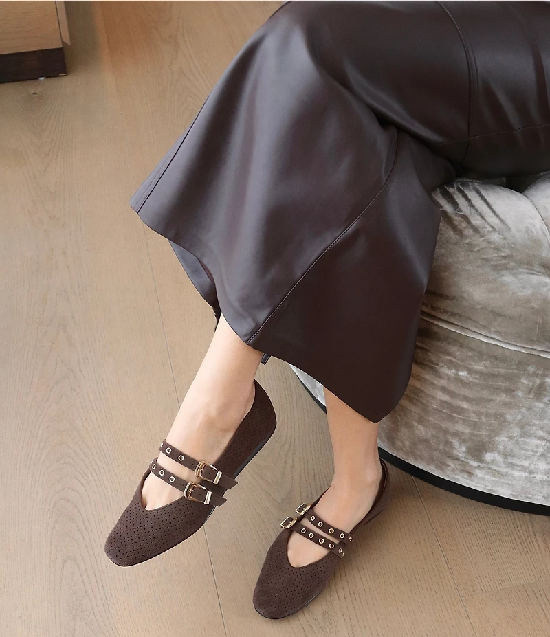Dolce Vita Baylee Perforated Suede Grommet Hardware Double Buckle Mary Jane Ballet Flats