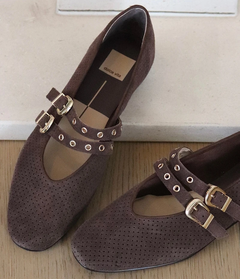 Dolce Vita Baylee Perforated Suede Grommet Hardware Double Buckle Mary Jane Ballet Flats