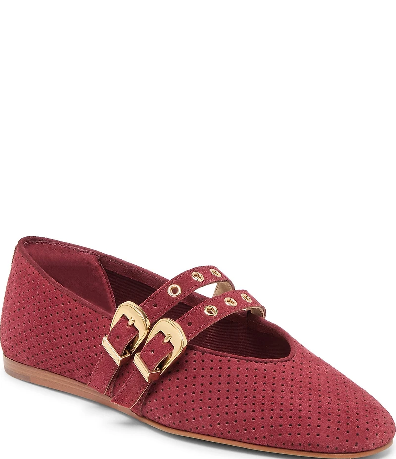 Dolce Vita Baylee Perforated Suede Grommet Hardware Double Buckle Mary Jane Ballet Flats