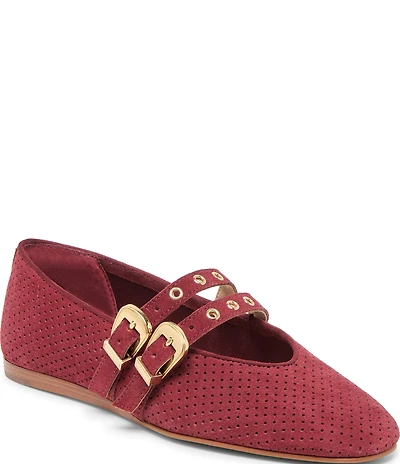 Dolce Vita Baylee Perforated Suede Grommet Hardware Double Buckle Mary Jane Ballet Flats