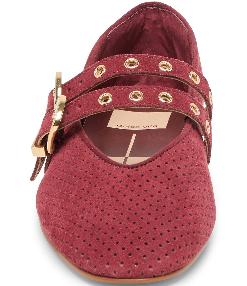 Dolce Vita Baylee Perforated Suede Grommet Hardware Double Buckle Mary Jane Ballet Flats