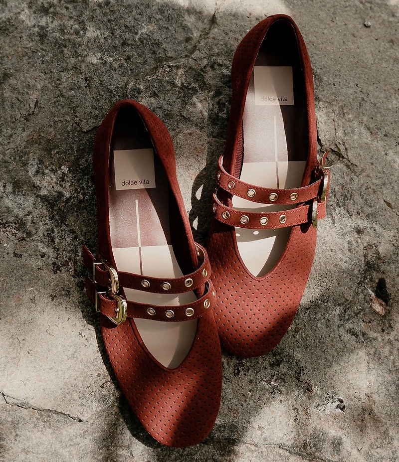Dolce Vita Baylee Perforated Suede Grommet Hardware Double Buckle Mary Jane Ballet Flats