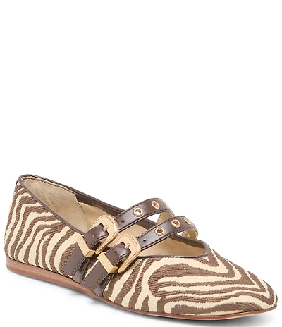 Dolce Vita Baylee Grommet Zebra Print Raffia Mary Jane Double Buckle Hardware Ballet Flats