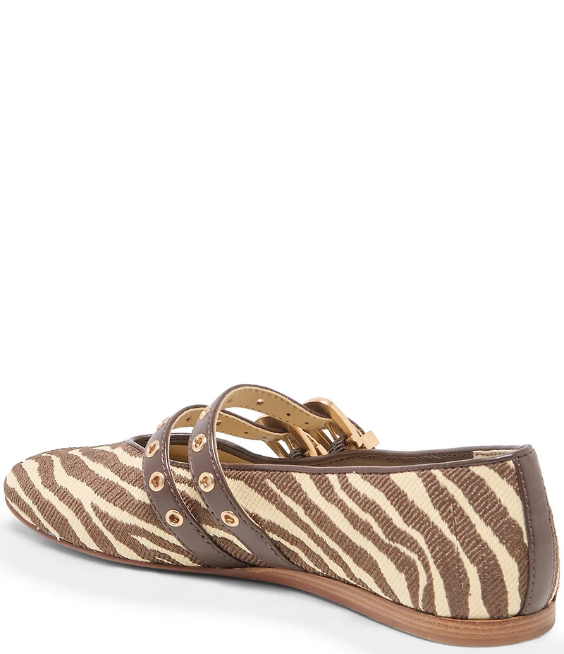 Dolce Vita Baylee Grommet Zebra Print Raffia Mary Jane Double Buckle Hardware Ballet Flats