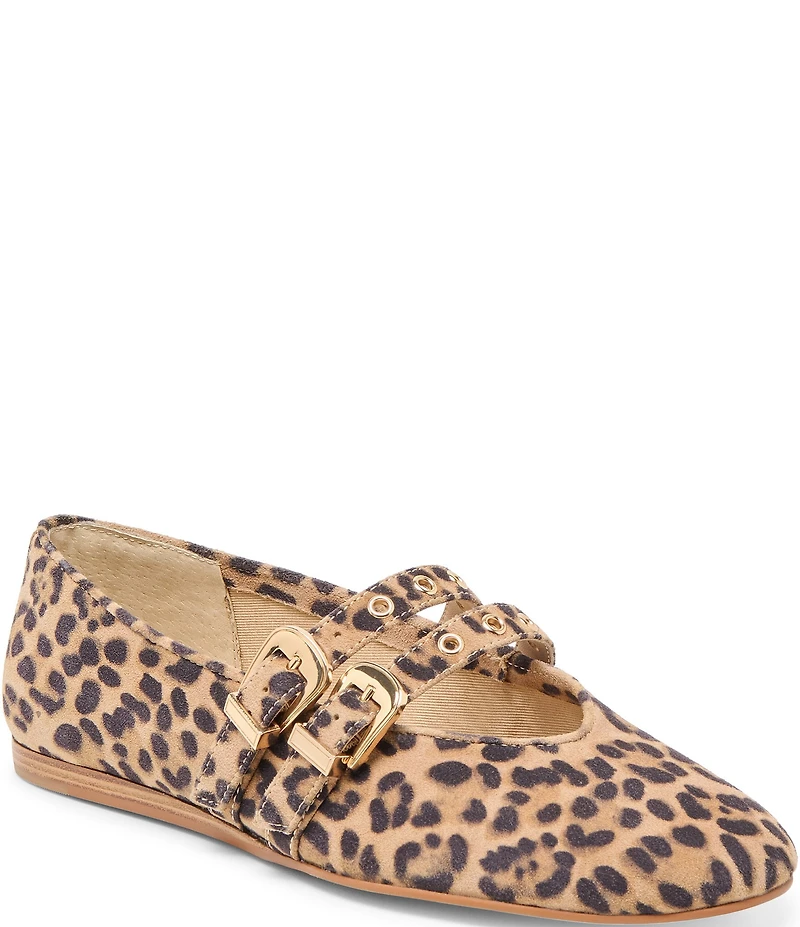 Dolce Vita Baylee Leopard Print Suede Mary Jane Double Buckle Hardware Ballet Flats