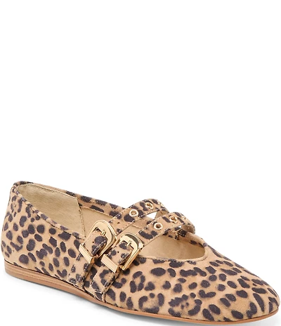 Dolce Vita Baylee Leopard Print Suede Mary Jane Double Buckle Hardware Ballet Flats
