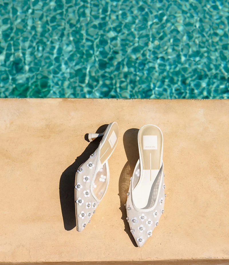 Dolce Vita Clara Mesh Pearl Floral Ornament Kitten Heel Mules
