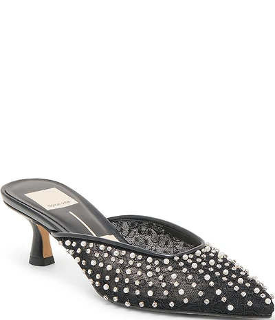 Dolce Vita Cleo Pearl Lace Embellished Kitten Heel Mules
