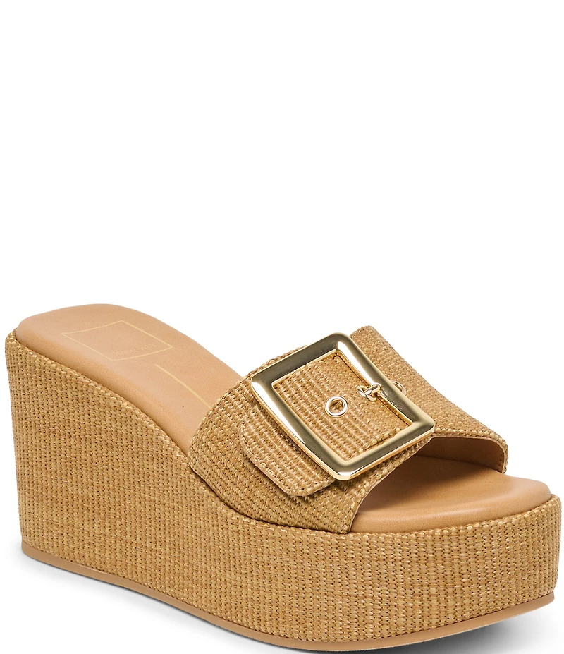 Dolce Vita Jilian Raffia Oversized Buckle Platform Wedge Sandals