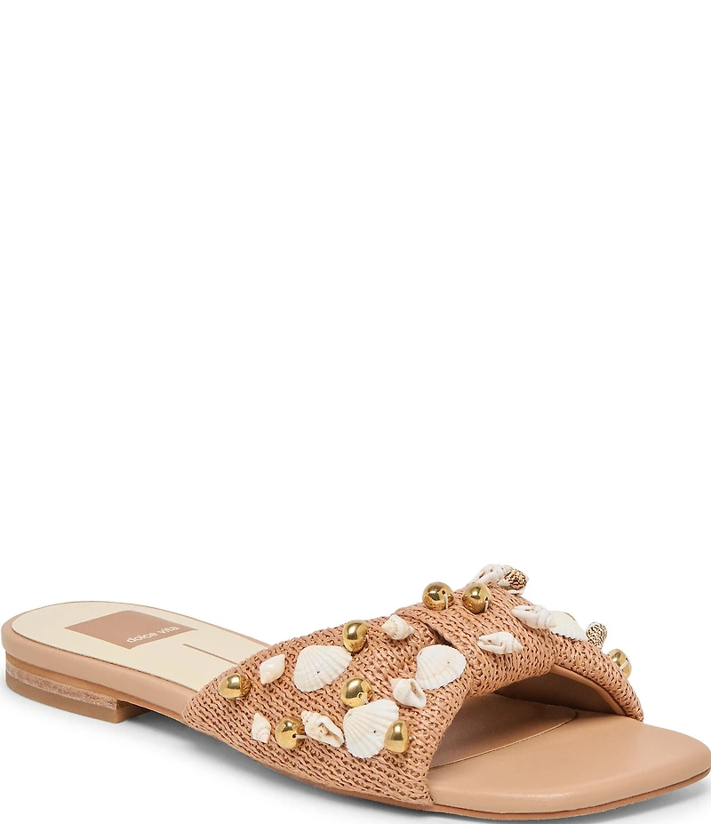 Dolce Vita Lizza Raffia Shell Embellished Slide Sandals
